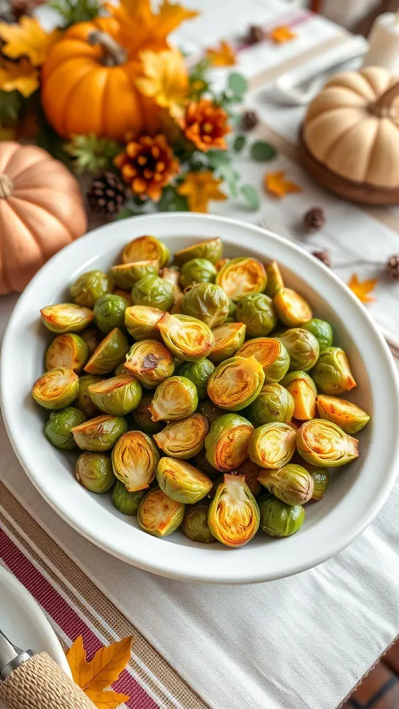 A bowl of maple glazed Brussels sprouts, surrounded by autumn decorations.