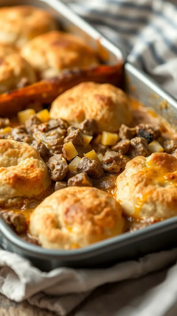 A delicious beef and cheddar biscuit casserole with golden biscuits on top.