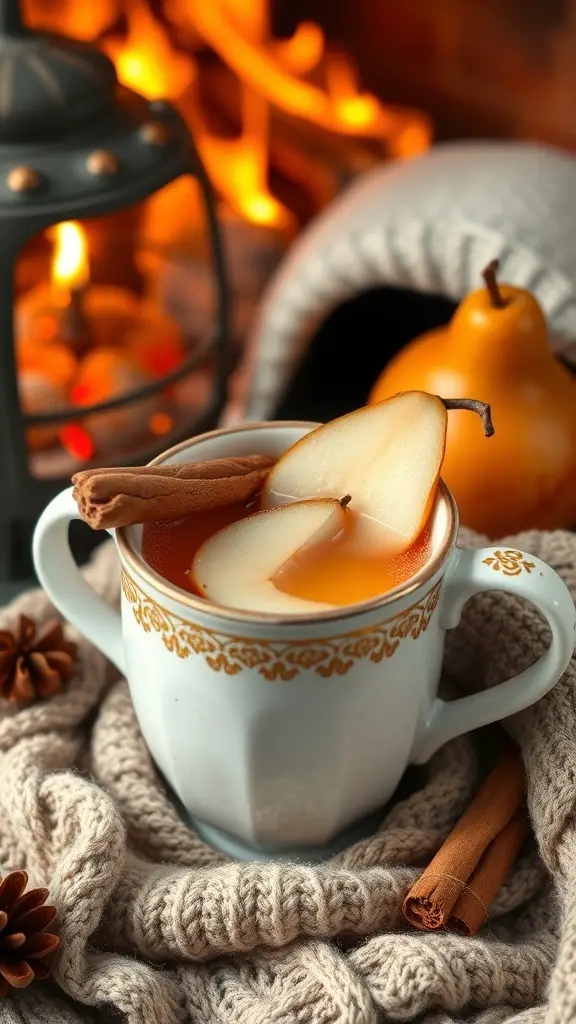 A cozy mug of Cinnamon Pear Punch with lemon and cinnamon stick, beside gingerbread cookies, in front of a warm fireplace.