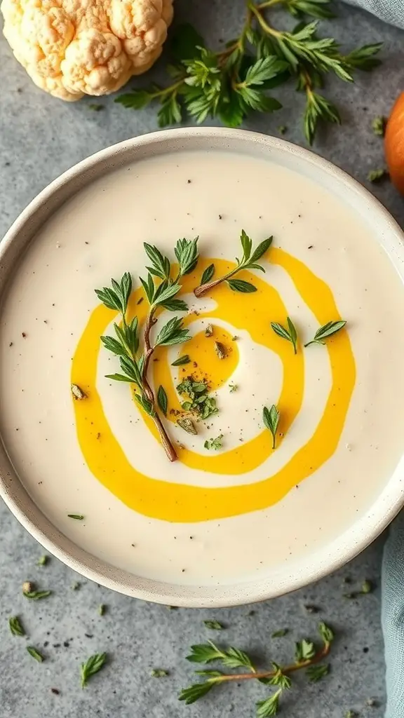 A bowl of creamy cauliflower soup garnished with herbs and olive oil, with fresh cauliflower in the background.