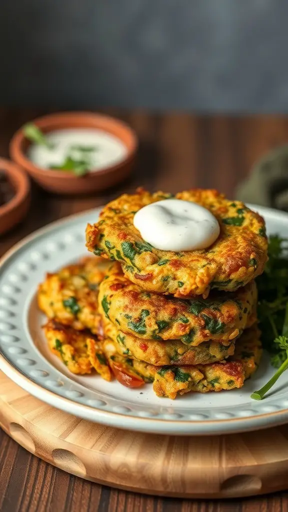 A plate of golden-brown potato and spinach fritters stacked high, topped with a dollop of yogurt, with dipping sauces in the background.