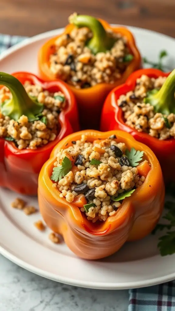 Stuffed bell peppers filled with quinoa and black beans, garnished with cilantro.