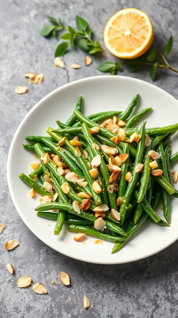 A plate of classic green bean almondine topped with toasted almonds and a lemon wedge.