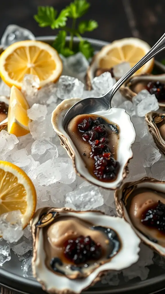 Fresh oysters on ice topped with caviar and lemon slices