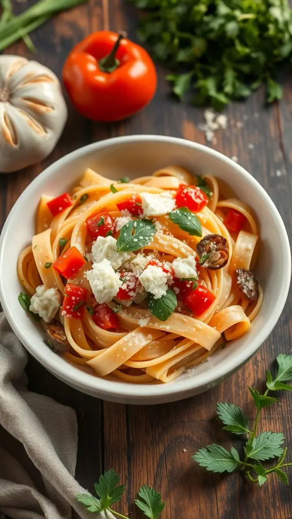 A bowl of pasta primavera with fresh vegetables, herbs, and cheese on a wooden table.