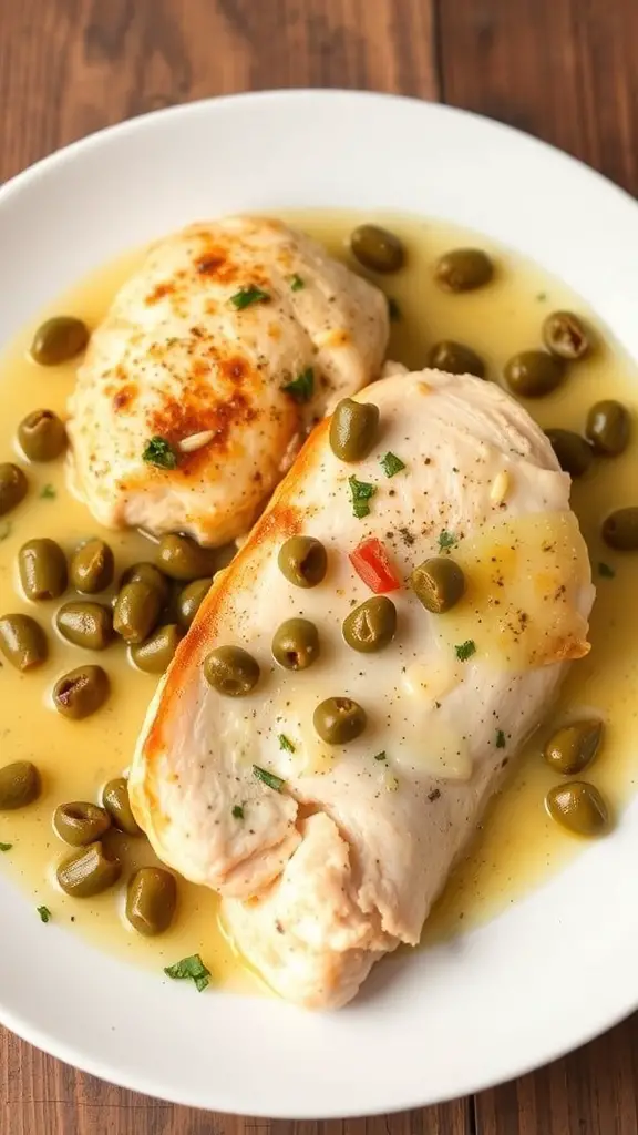Plate of Chicken Piccata with capers and lemon slices
