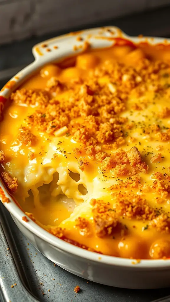 A cheesy potato casserole topped with breadcrumbs in a baking dish.