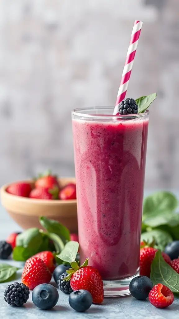 A refreshing berry smoothie with spinach in a glass, garnished with a blackberry and mint, surrounded by fresh berries.