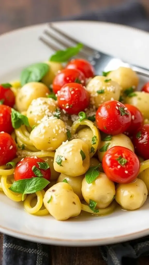 A plate of gnocchi with pesto and roasted tomatoes garnished with fresh basil