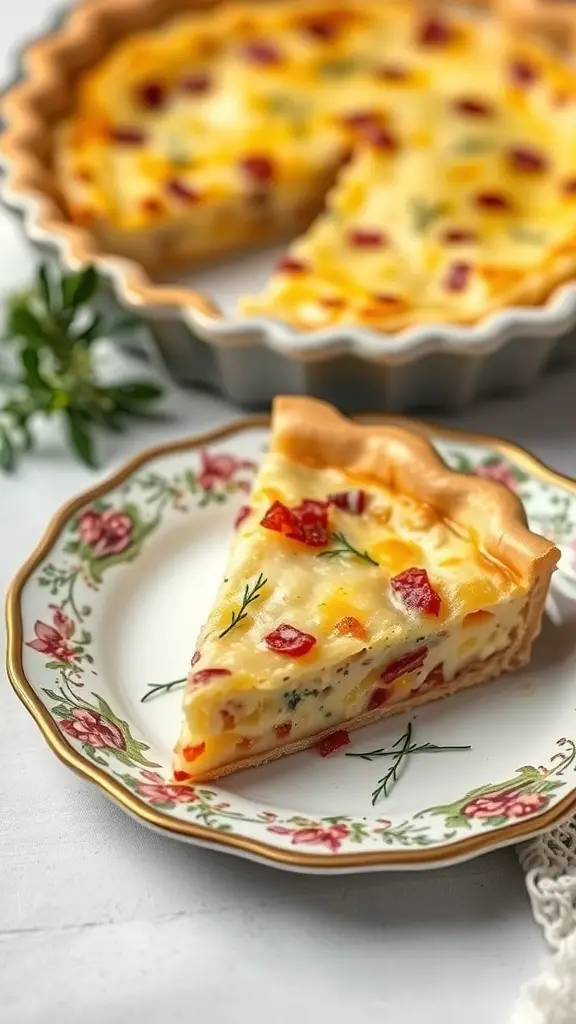 A slice of Quiche Lorraine with bacon and cheese on a floral plate, next to a whole quiche in a pie dish.