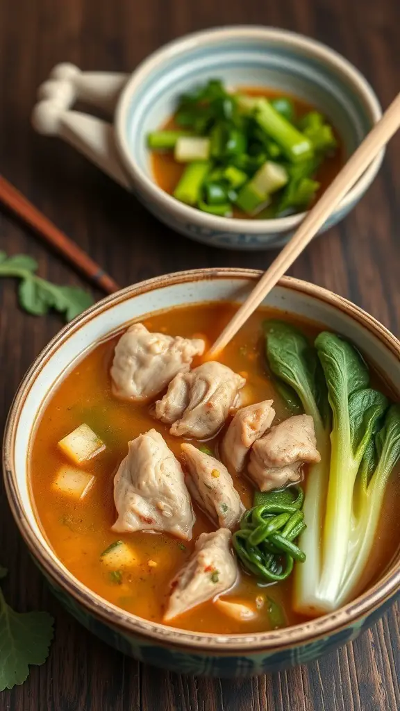 A bowl of Asian-inspired chicken stew with tender chicken pieces, bok choy, and green onions, served with a side of chopped green onions.