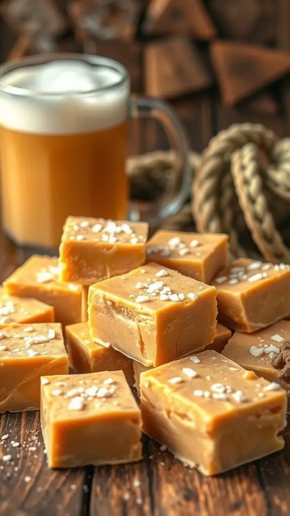 Delicious butterbeer fudge squares with a mug of butterbeer