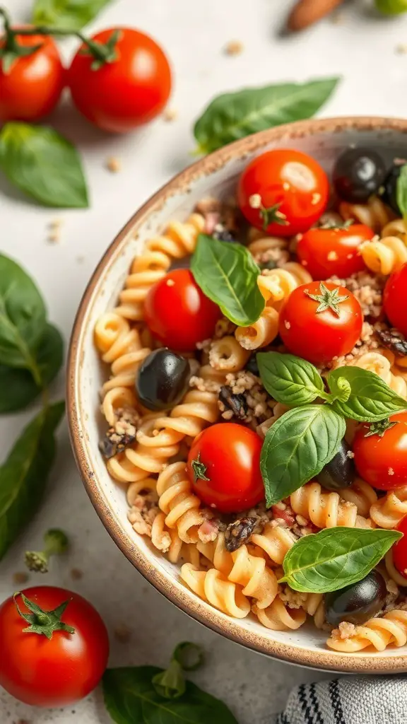 A bowl of whole grain pasta salad with cherry tomatoes, black olives, and fresh basil.