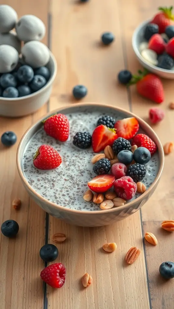 A bowl of overnight chia seed pudding topped with fresh berries and nuts on a wooden table.