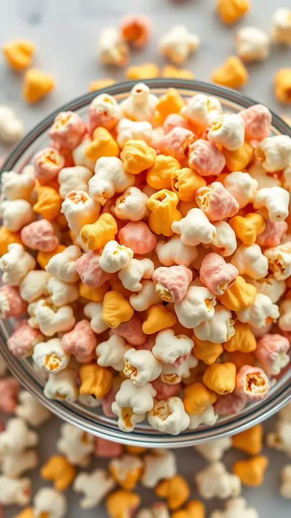 A bowl filled with colorful popcorn, showcasing a mix of pink, yellow, and white popcorn.