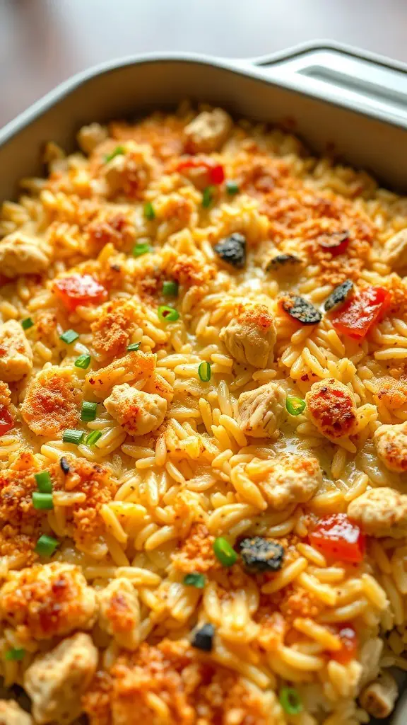 A close-up of creamy chicken and rice casserole topped with breadcrumbs and green onions.