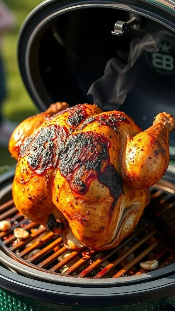 A crispy beer can chicken cooking on a Big Green Egg grill.