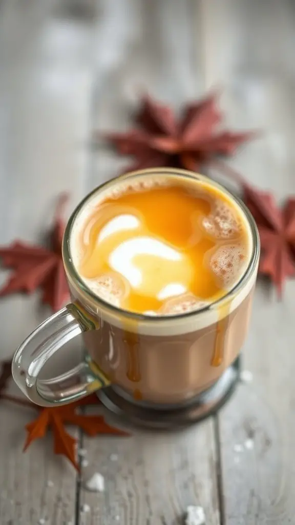 A Maple Chai Latte in a glass mug, topped with whipped cream and maple syrup, surrounded by colorful autumn leaves.