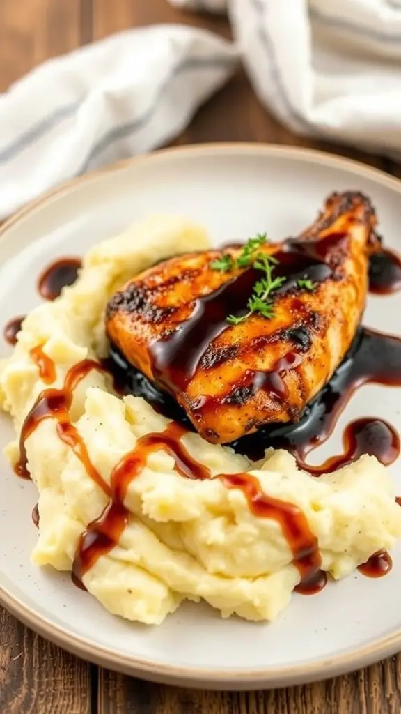 Balsamic glazed chicken served with creamy roasted garlic mashed potatoes.