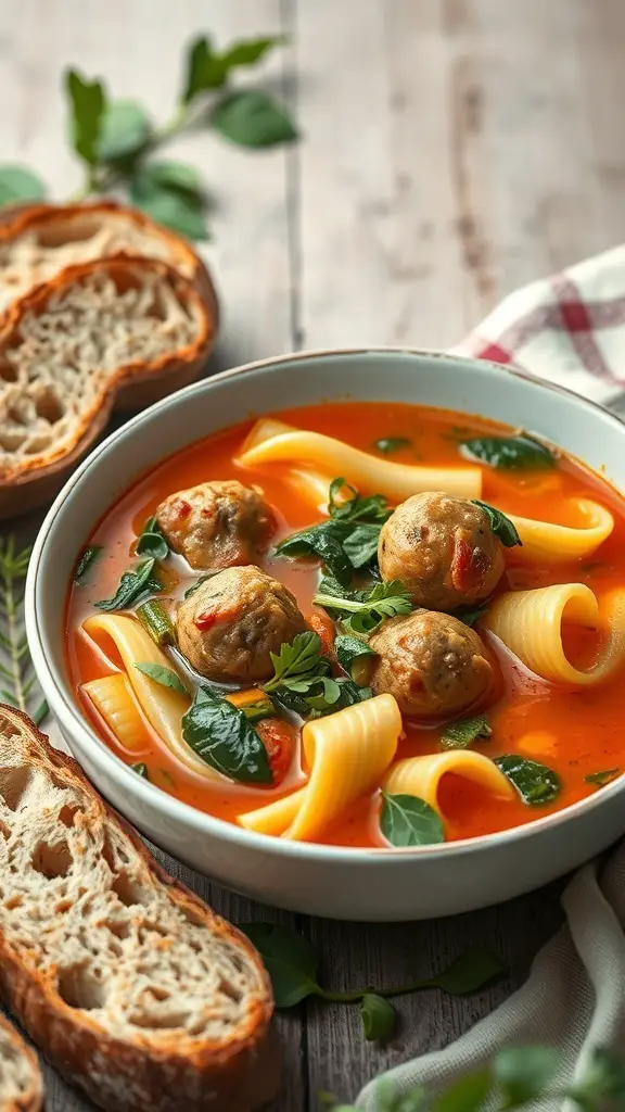 A bowl of Italian Wedding Soup with meatballs, pasta, and greens, served with rustic bread.