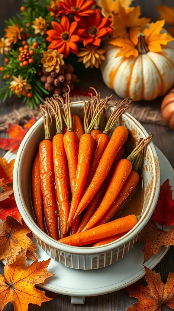 A bowl of glazed carrots surrounded by autumn decorations, including flowers and leaves.