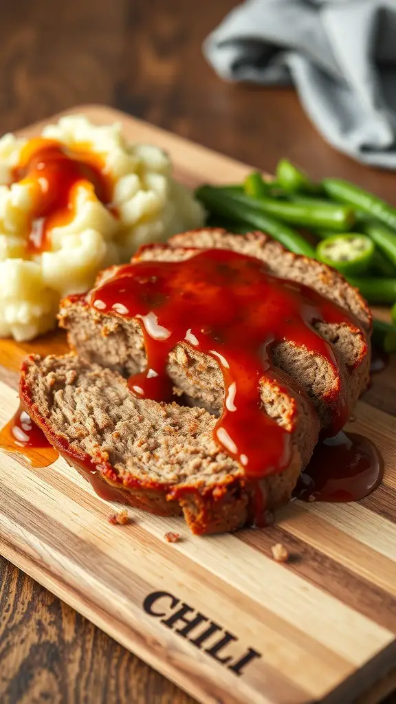 A sliced meatloaf topped with sauce, served with mashed potatoes and green beans on a wooden board.