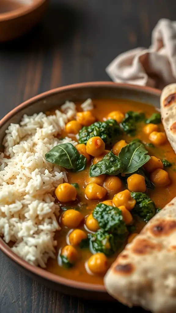 A bowl of Chickpea and Spinach Curry served with rice and naan.