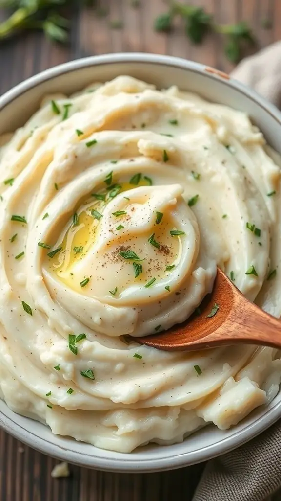 A bowl of creamy garlic mashed potatoes topped with butter and herbs.