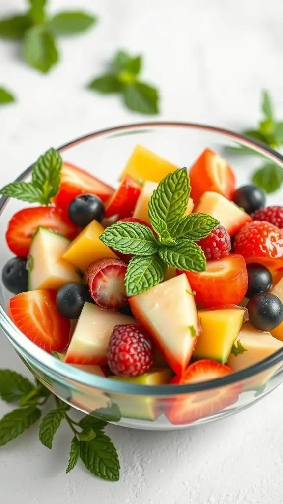 A colorful fruit salad with strawberries, blueberries, raspberries, and melon, garnished with fresh mint leaves.