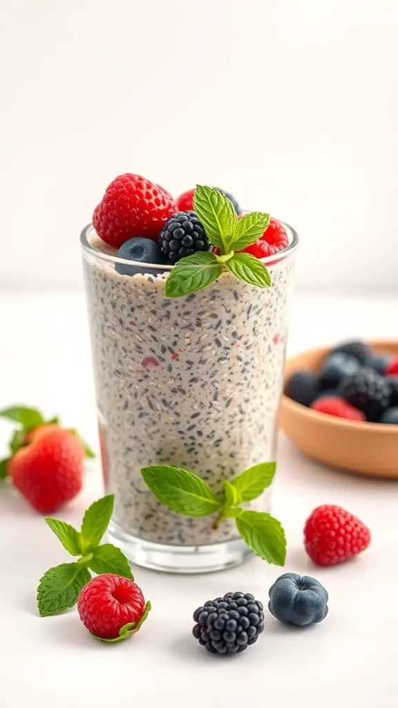 A glass of berry chia seed pudding topped with fresh raspberries, blueberries, and blackberries, with mint leaves for garnish.