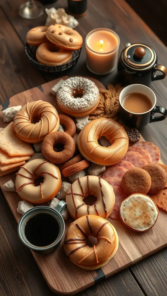 A beautifully arranged donut charcuterie board with various donuts and coffee.