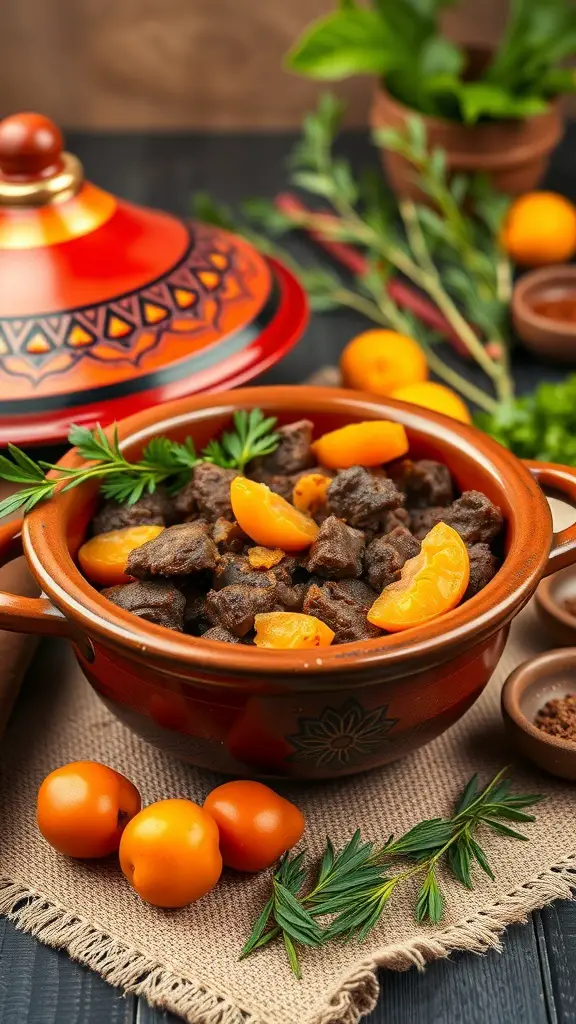 A Moroccan Beef Tagine with beef chunks and citrus slices in a traditional tagine pot