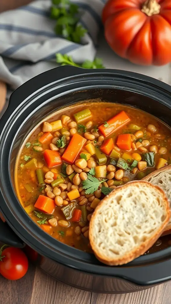 A delicious vegetarian lentil stew with colorful vegetables in a crockpot, accompanied by a slice of bread.