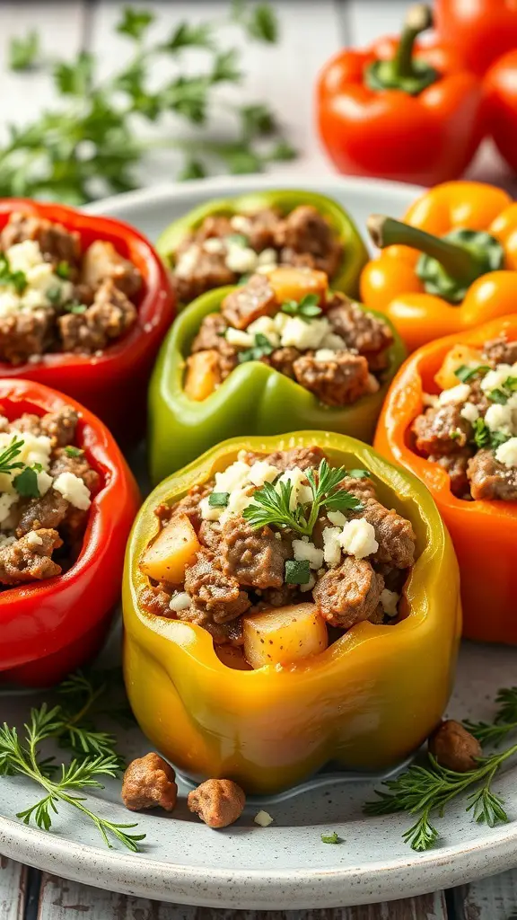 Colorful stuffed bell peppers filled with beef and potatoes, garnished with herbs.