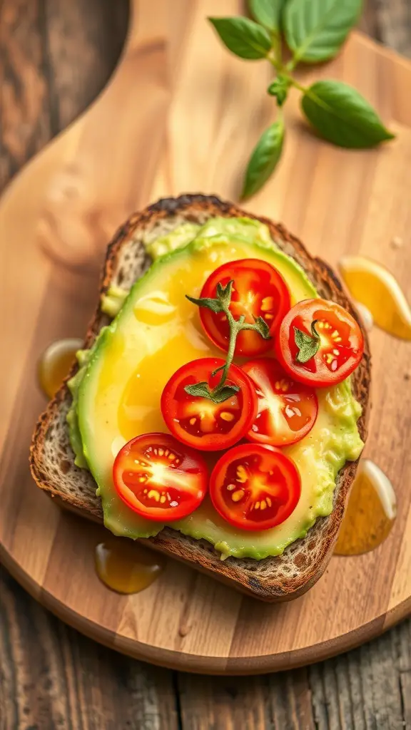 A slice of whole grain bread topped with mashed avocado and cherry tomatoes, garnished with fresh herbs.