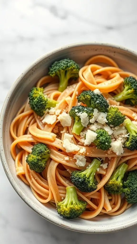 A bowl of whole wheat pasta with broccoli and garlic, topped with feta cheese.