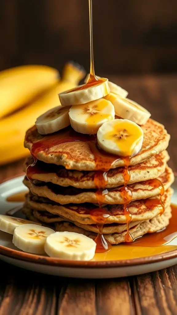 A stack of banana oatmeal pancakes topped with banana slices and syrup.