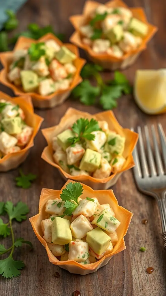 Delicious crab and avocado phyllo cups garnished with cilantro on a wooden table.