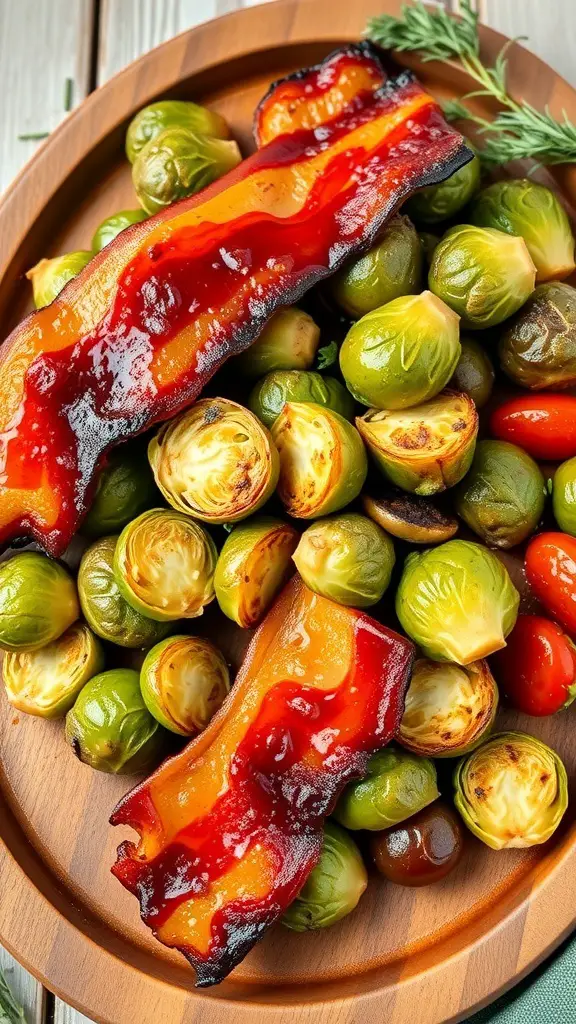 A plate of maple glazed bacon and Brussels sprouts, showcasing crispy bacon on a bed of roasted Brussels sprouts.