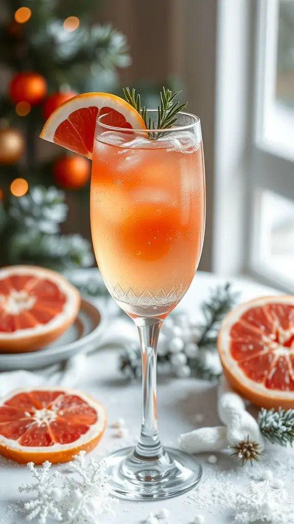 A refreshing Sparkling Grapefruit Spritzer in a glass, surrounded by halved grapefruits and pine branches, with snow in the background.
