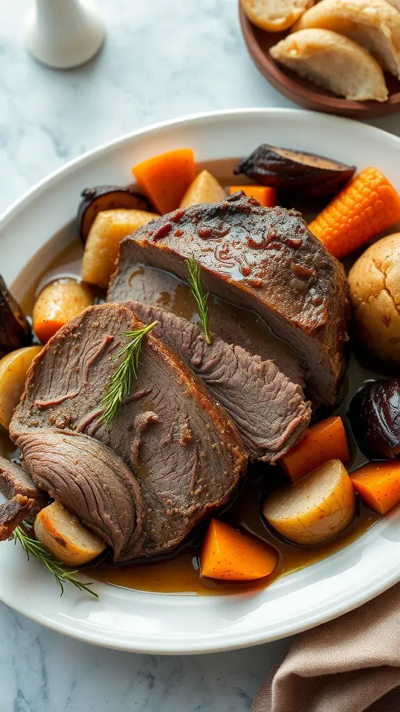 A plate of beef pot roast with root vegetables, including carrots, potatoes, and corn.