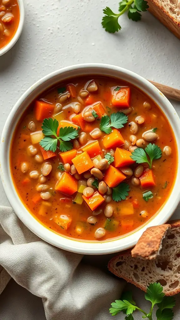 A bowl of lentil soup with carrots and celery, garnished with fresh cilantro, served with a slice of bread.