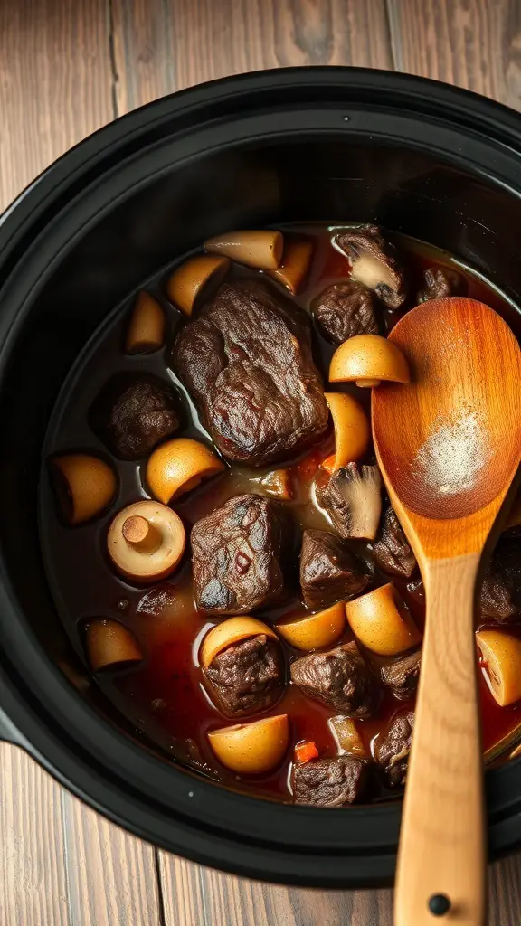 A slow cooker filled with beef stew, featuring chunks of meat, potatoes, and mushrooms in a rich broth.
