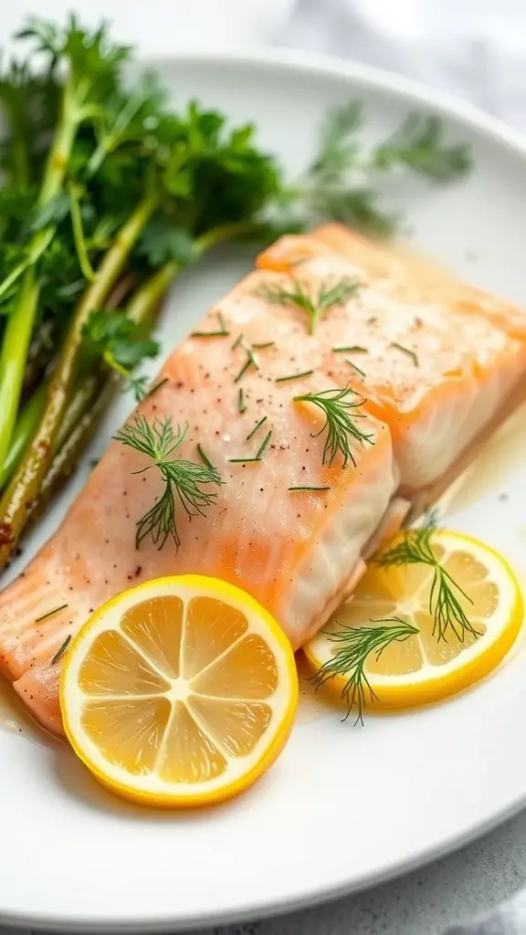 Baked salmon fillet garnished with dill and lemon slices on a white plate, accompanied by fresh parsley.