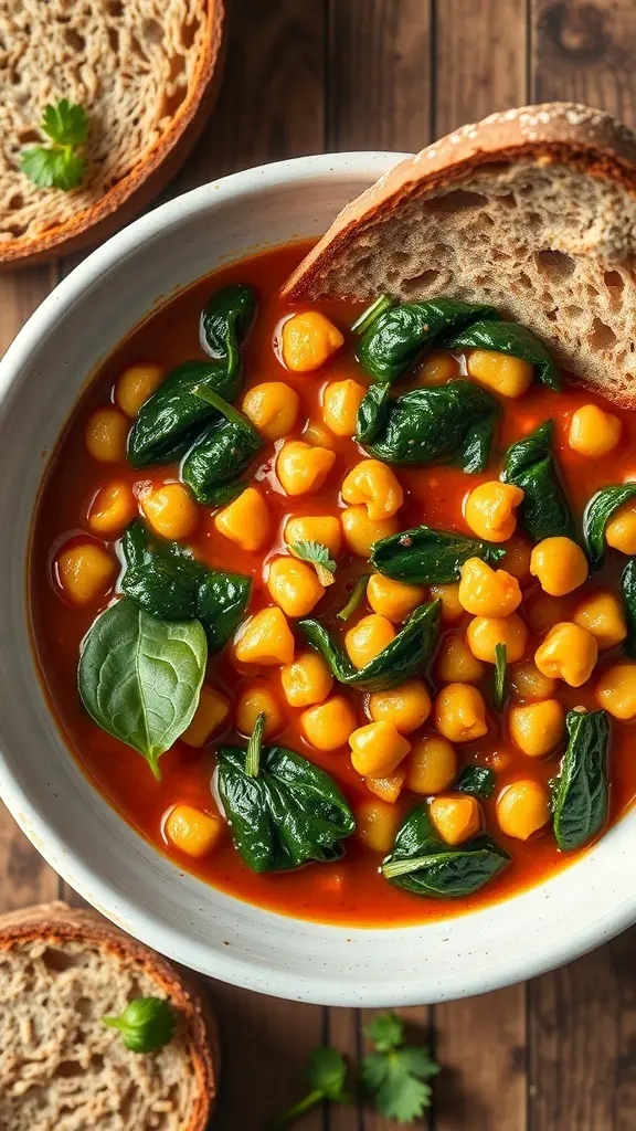 A bowl of chickpea and spinach stew with slices of whole grain bread on the side.