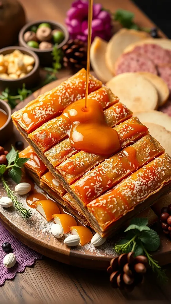 A stack of baklava with honey drizzle on a charcuterie board, surrounded by nuts and garnishes.