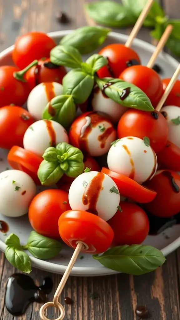 A plate of Caprese salad skewers featuring cherry tomatoes, mozzarella balls, and basil leaves.