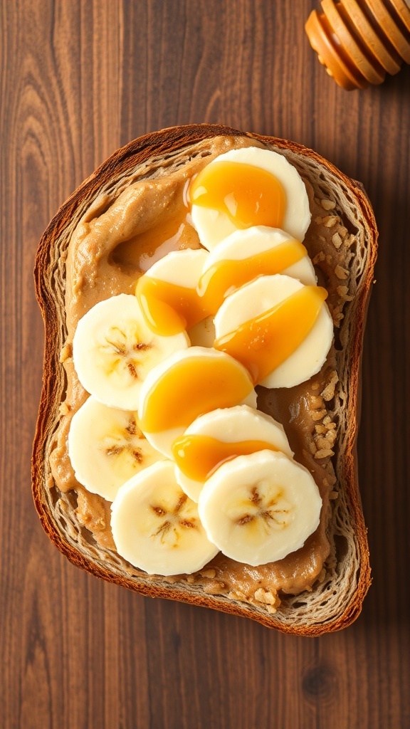 A slice of whole grain toast topped with peanut butter, banana slices, and a drizzle of honey.