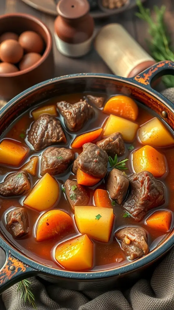 A hearty beef stew with root vegetables in a Dutch oven, showcasing tender beef chunks, carrots, potatoes, and a rich broth.