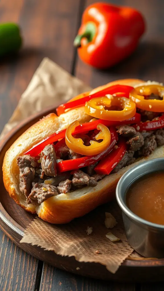A delicious Italian beef sandwich with peppers and a side of dipping sauce.